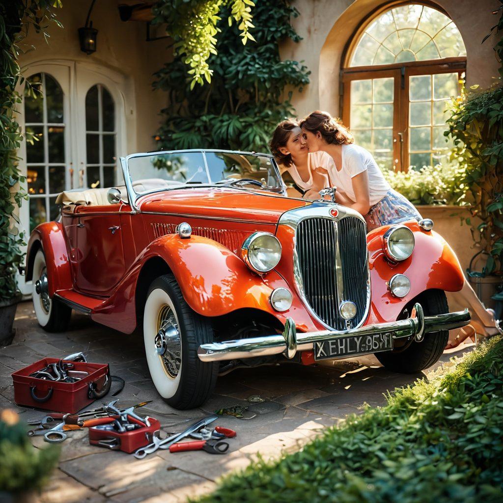 A beautifully designed vintage car being lovingly polished by a couple, surrounded by vibrant tools and heart-shaped spanners, symbolizing romance and care. Soft sunlight filters through lush greenery in the background, casting a warm glow on the scene. The couple's expressions reflect passion and devotion as they work together. A hint of mechanics and love notes intertwined. super-realistic. vibrant colors. soft background blur.
