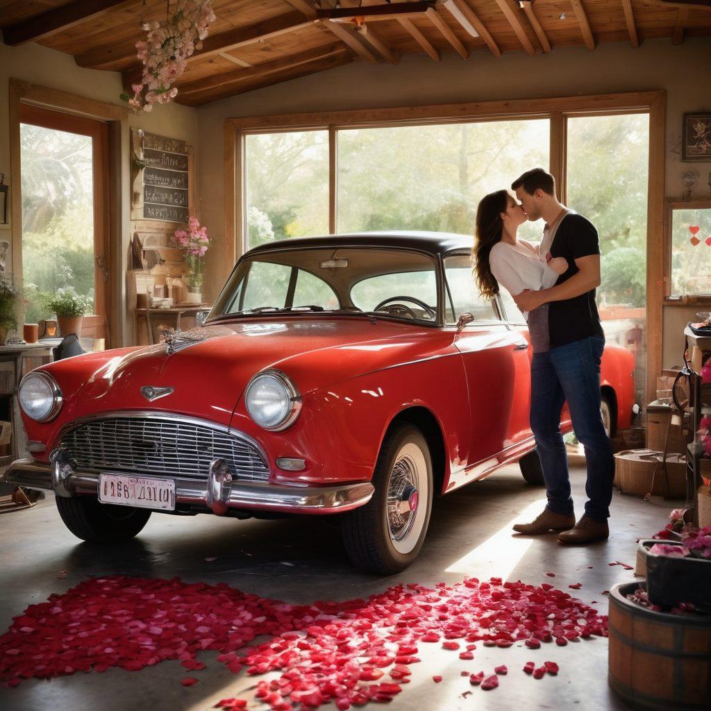 A romantic scene featuring a couple working on a vintage car in a sunlit garage, surrounded by love notes and rose petals. The atmosphere embodies passion for both love and automotive care, showcasing tools and car parts with a heart-shaped motif. The couple is playfully smiling at each other, creating a warm, inviting ambiance. Rich colors and soft light enhance the romantic vibe. super-realistic. vibrant colors. soft focus.