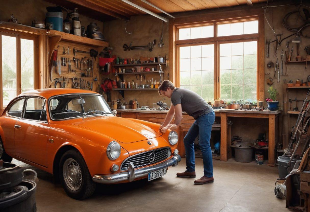 A romantic couple engaged in a playful car repair session in a cozy garage, surrounded by tools and car parts. The atmosphere exudes warmth and affection, with soft light filtering through the window illuminating their smiles. In the background, a classic car stands ready to be restored, symbolizing the connection between love and teamwork. Elements of romance, like flowers and heart-shaped tools, can be subtly integrated. super-realistic. warm colors. indoor setting.